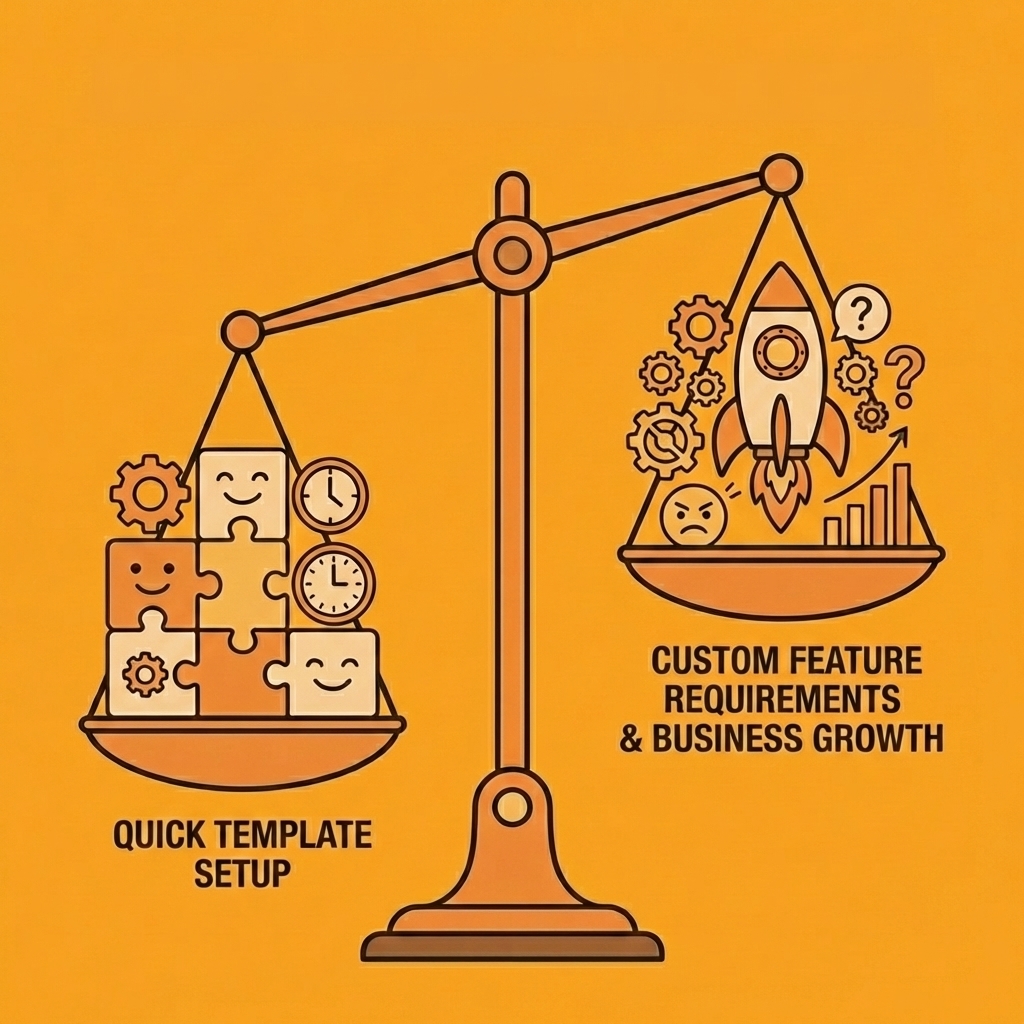 Balance scale comparing quick template setup on one side versus custom feature requirements and business growth on the other